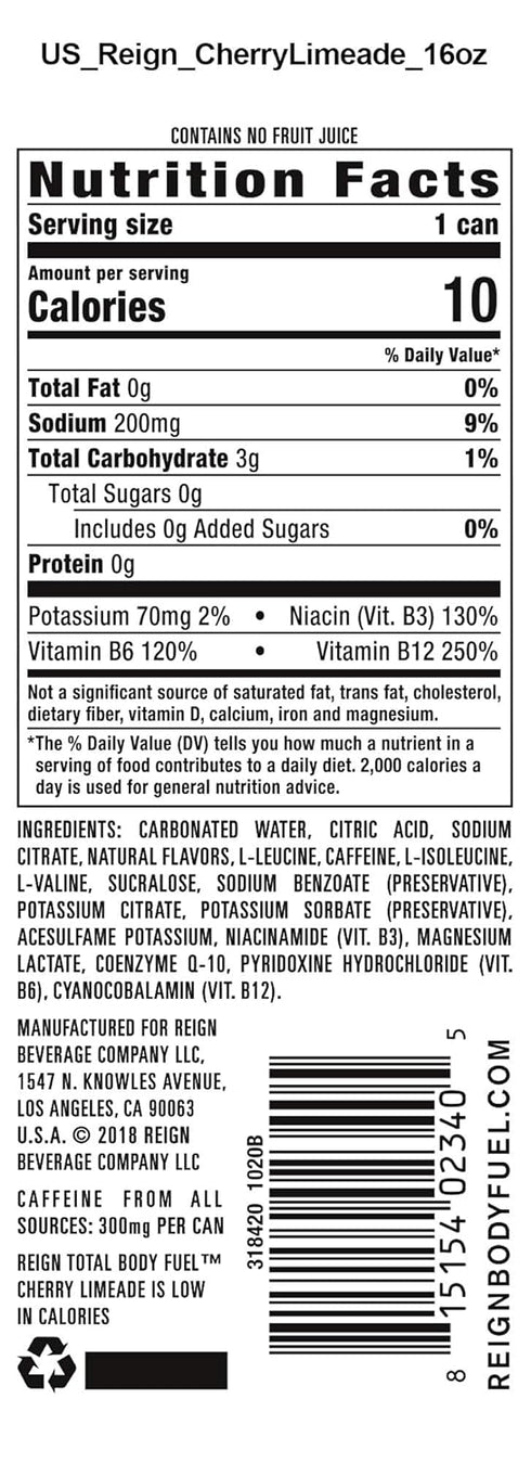 16 Oz (Pack 12) Reign Total Body Fuel, Cherry Limeade, Fitness & Performance Drink, Fl