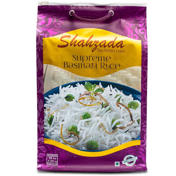 Shahzada Supreme Basmati Rice 10 Lbs Extra Long Grain, Non-Sticky, Non GMO,