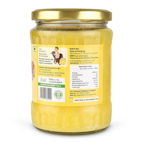 A2 16.9 Fl.Oz (500ml) Shiva Organic Desi Gir Cow Ghee | Bilona Method | Organic Grass-Fed | Pure Desi Ghee