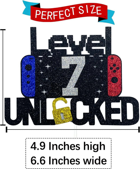 Happy 7th Birthday Video Game Cake Topper Level 7 Unlocked Cake Topper for Kids Boys Girls 7-Years-Old Birthday Party Decoration