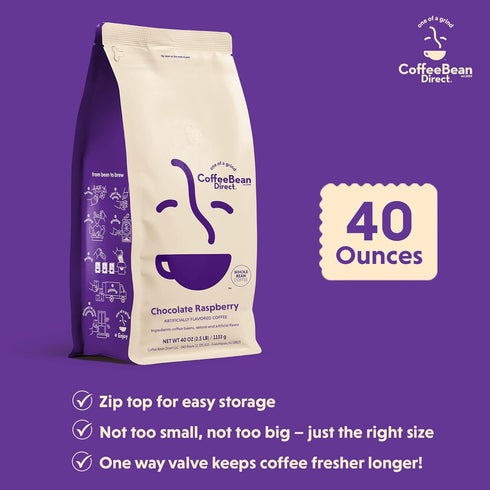2.5 (Pack 1) Coffee Bean Direct Chocolate Raspberry Flavored, Whole Bean Coffee, Berry & Cocoa Flavor, Pound Bag