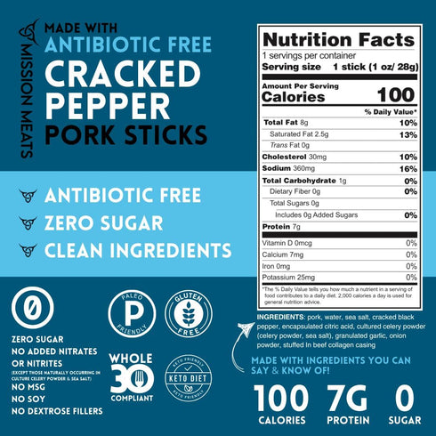 30, 1oz (24ct) Mission Meats Pork Meat Sticks Antibiotic Free, Sugar Free, Individually Wrapped, AIP Friendly