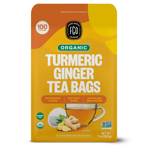 FGO Organic Turmeric Ginger Tea, Eco-Conscious Tea Bags, 100 Count, Packaging May