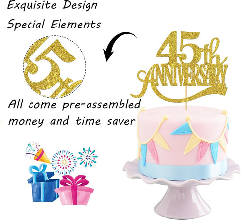 Gold Glitter 45th Anniversary Cake Topper for Happy 45th Wedding Anniversary / Birthday Party Decorations