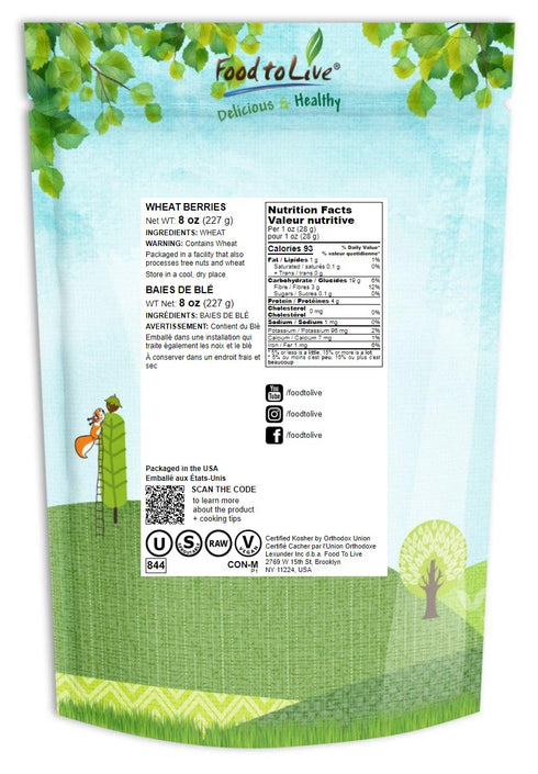 8 Food to Live Wheat Berries, Ounces Sprouting for Wheatgrass, Kosher, Raw, Vegan, Bulk