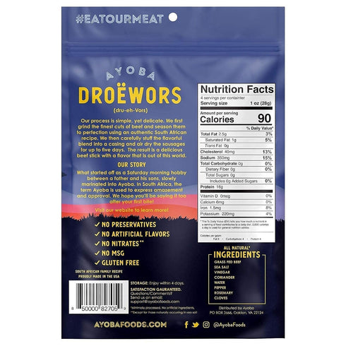Ayoba Traditional Droewors Grass Fed Beef Paleo Sticks - Keto Friendly, Air-Dried Beef Protein Snacks (4 Ounce, Pack of