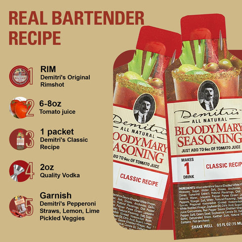 Demitri's Bloody Mary Seasoning Classic Recipe - Concentrated Drink Mixer, 0.5oz Single Serve Pouches