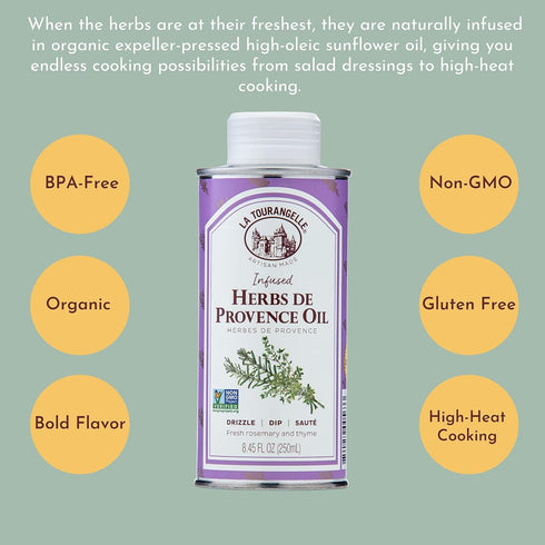 La Tourangelle Herbs De Provence Infused Sunflower Oil, High-Oleic Oil for Cooking, Vinaigrettes & Dipping Sauces, 8.45 fl oz
