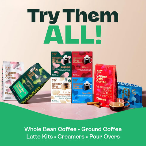 10 OZ 100% Copper Cow Premium Vietnamese Ground Coffee, | Churro Flavored Coffee | Dark Roast Made with Real Cinnamon |