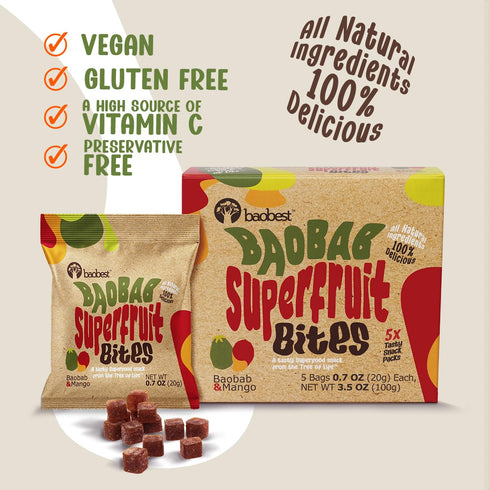 Pack 15 Baobest Superfruit Bites - Baobab Fruit Snack Variety - Berry, Mango, and Raspberry - Vegan, Gluten Free, High