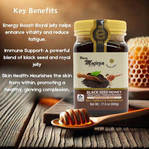 Immune 100% (500g /17.6oz) Black Seed Honey with Royal Jelly - Not Mixed with Oil or Powder - Gluten Free - Non GMO