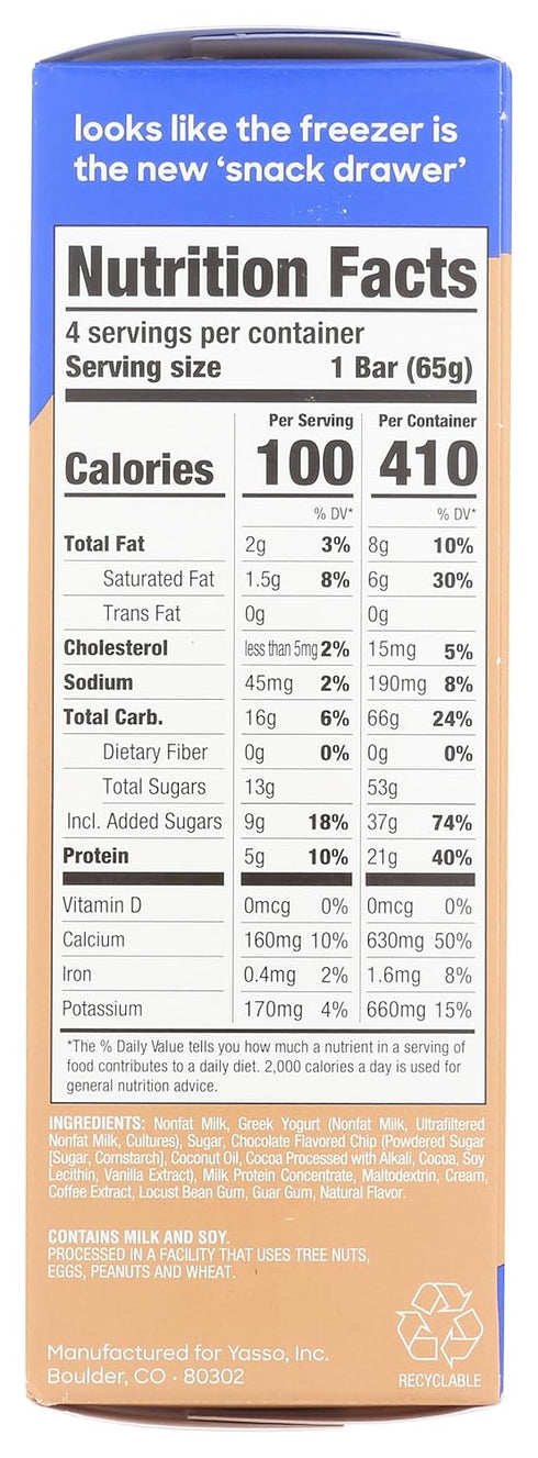 Frozen 4 Count frozen 3.5fl oz Yasso Greek Yogurt Bars Coffee Chocolate Chip Bars for a ridiculously creamy snack made