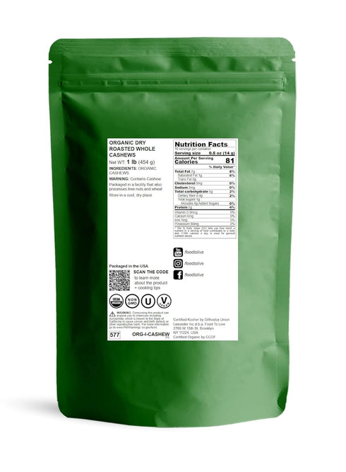 1 Food to Live Organic Dry Roasted Whole Cashews with Himalayan Salt, Pound Non-GMO, Oven Roasted and Lightly Salted
