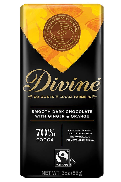 Divine Chocolate Bars - 70% Dark Chocolate with Ginger & Orange -