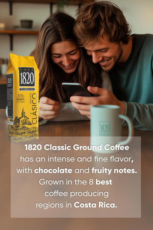 1820 100% 32 oz Caf Classic, Premium Costa Rican Ground Coffee, Arabica, Dark Roast, High Altitude Blend with Aroma