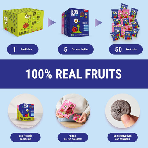 50 Pack, 500g Bob Snail Fruit Roll Ups Natural Fruit Snacks (Blueberry & Raspberry), Vegan, No Added Sugar, Healthy