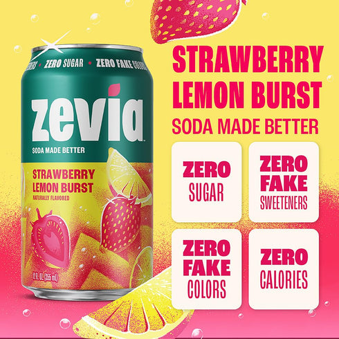 12 oz (6-Pack) Zevia Zero Sugar Soda, Strawberry Lemon Burst, Cans Caffeine Free, Naturally Sweetened, No Calorie Soda