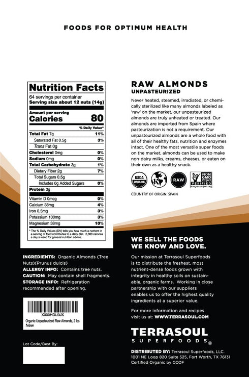 2 lbs Terrasoul Superfoods Raw Unpasteurized Organic Almonds (Sproutable)