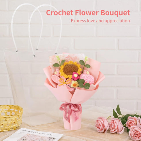 wkao 12.5 Gift Bouquet: Knitted Crochet Flowers, Sunflower, Rose, Carnation, Handmade