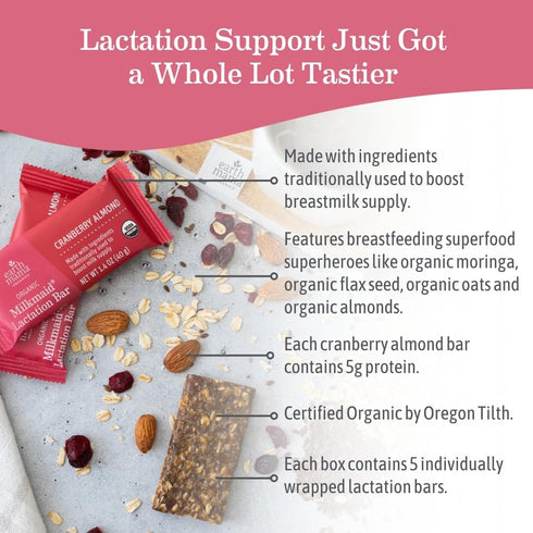 5 Count (Pack 2) Earth Mama Organic Milkmaid Lactation Bars, Cranberry Almond, USDA Certified Organic Breastfeeding