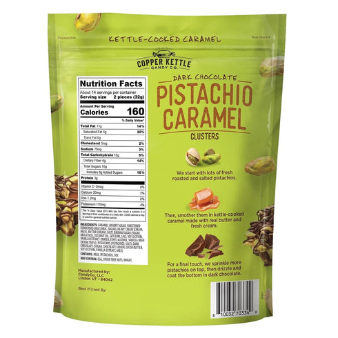 Generic 16 oz Copper Kettle Candy Co. Dark Chocolate Pistachio Caramel Clusters, Kettle-Cooked Caramel with Roasted
