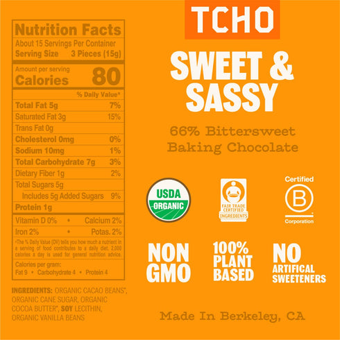 66% (3 (8oz TCHO Sweet & Sassy Dark Chocolate Baking Couverture Bag) | Organic & Fair Trade Certified | Non GMO