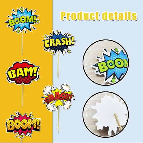 SuperHero Boom Cupcake Toppers 48 Pack, Happy Birthday Cake Decor for Kids Hero Theme Birthday Party Supplies