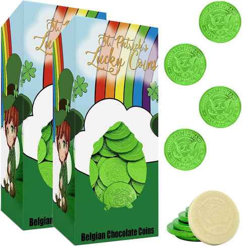 (2 Fruidles St. Patrick's Day White Coins, Green Foil Design Gelt in Leprechaun Box, Kosher Pounds)