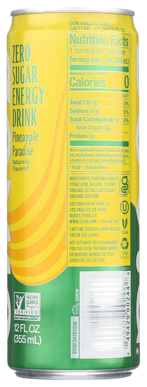 12 Zevia Zero Calorie Energy Drink, Pineapple Paradise, Ounce Can