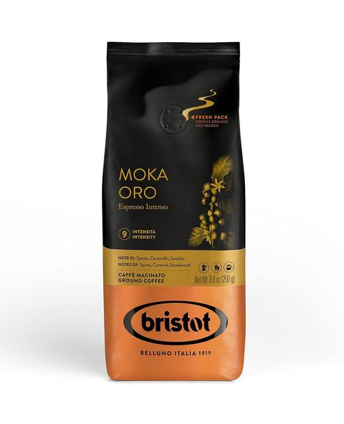Bristot Moka Oro Ground Coffee | Italian Espresso | Medium Roast | 8.8oz/250g | For Moka, French Press, Pour Over