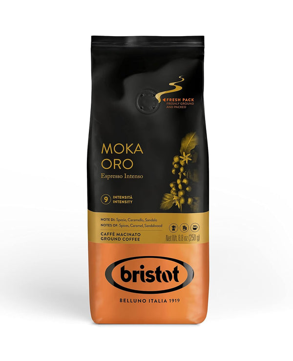 Bristot Moka Oro Ground Coffee | Italian Espresso | Medium Roast | 8.8oz/250g | For Moka, French Press, Pour Over