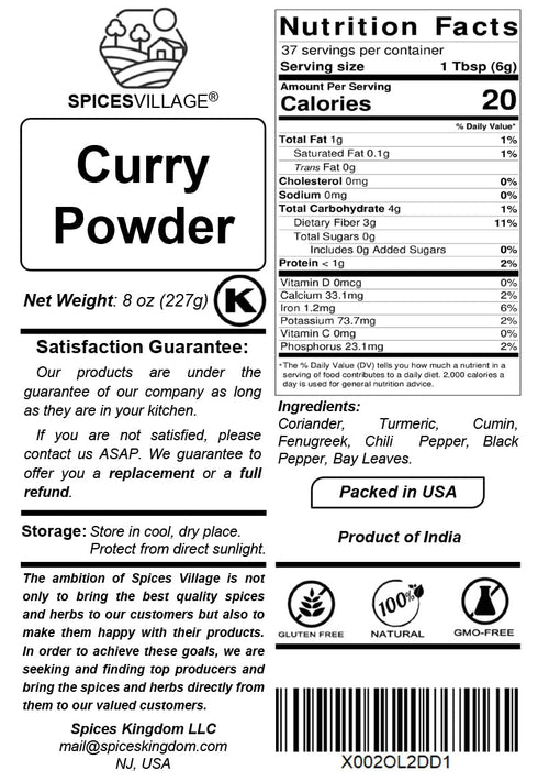 8 oz, SPICES VILLAGE Curry Powder, Curry Spice for Cooking, Natural Medium Madras Curry Mix, Kosher, Gluten Free, Non
