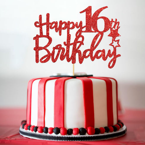 Red Glitter Happy 16th Birthday Cake Topper, Sixteen Sign Cake Topper, Cheers to 16 Years Party Supplies