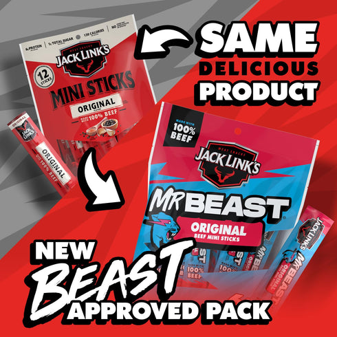 5g 100% (Pack 24) Jack Links x MrBeast Beef Sticks, Original Mini Sticks, As Seen on Beast Games, Protein, Made