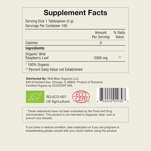 7 100 Wild Bliss Organic Red Raspberry Leaf Tea Pregnancy and Menstrual Support - Loose Leaf Herbal Tea - Ounces