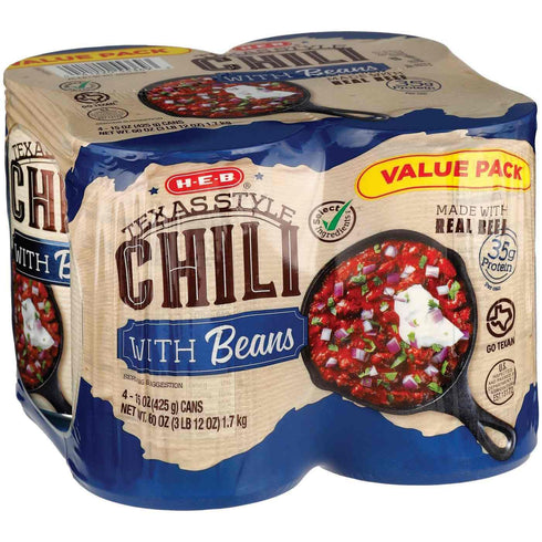 HEB H-E-B Canned Chili with Beans, Texas Style, 4 Count, Non-Vegetarian