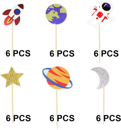 Ercadio 36 Pack Space Astronaut Cupcake Toppers, Rocket Planet Picks for Baby Shower & Birthday Party