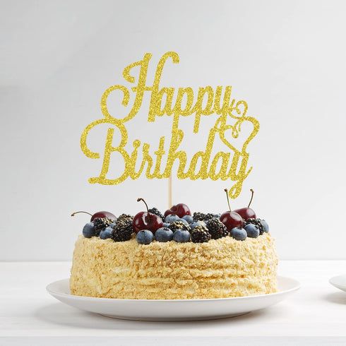 Gold Glitter Happy Birthday Cake Topper, Celebrating Birthday Anniversary Party Decorations Supplies for Women, Men,