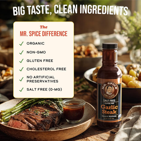 13.5 (Pack 1) Mr. Spice Organic Garlic Steak Sauce, Salt Free Steak Sauce and Marinade, Gluten Free, Low Sodium Sauces