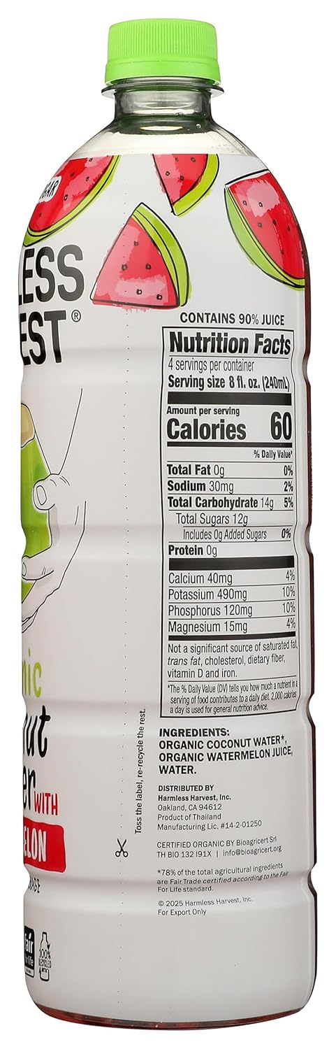 Harmless 32 oz Harvest Organic Coconut Water With Watermelon