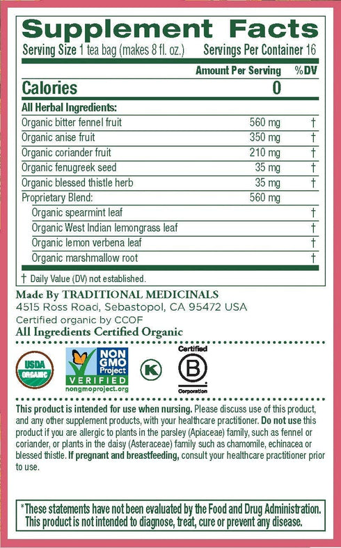 16 6 Traditional Medicinals Organic Mother's Milk Herbal Tea - Tea Bags - Case