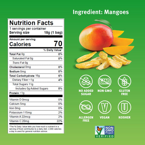 0.63 Oz (Pack 12), 100% Crispy Green Freeze-Dried Mango Fruit Snacks, of Pure Fruit, All-Natural, No Added Sugar