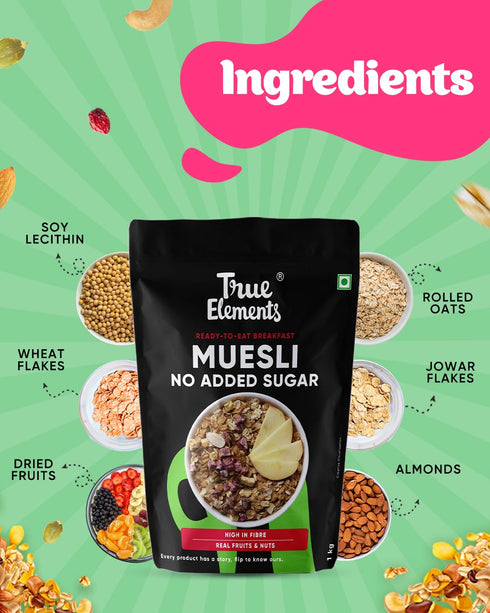 1kg Packed 13.5g True Elements Muesli Sugar Free - with Plant Protein | Breakfast Cereal | No Added Sugar