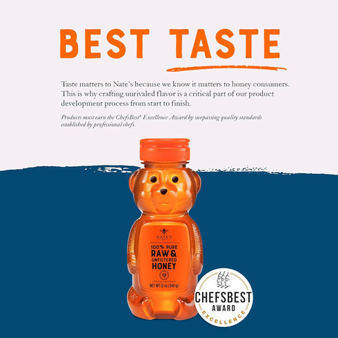 100% 12oz. Nate's Pure, Raw & Unfiltered Honey - Award-Winning Taste, Honey Bear Bottle