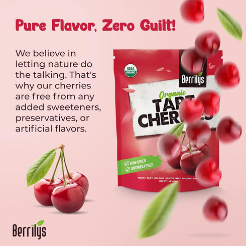 1 lb, (16 oz) Berrilys Organic Unsweetened Dried Tart Cherries - No Sugar Added, Perfect for Baking, Snacking & Salads
