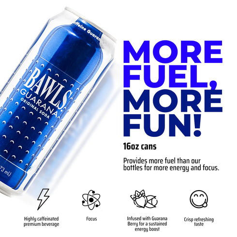 Bawls 16oz 12 Pack Guarana Original, Guarana Fueled Soda for Energy, High Energy Caffeinated Drink - Cans