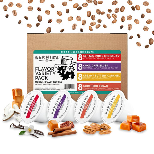 Barnie's Coffee Pods with Santa's White Christmas, Southern Pecan, Creamy Buttery Caramel,