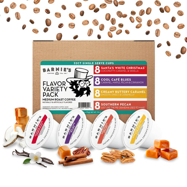 Barnie's Coffee Pods with Santa's White Christmas, Southern Pecan, Creamy Buttery Caramel,