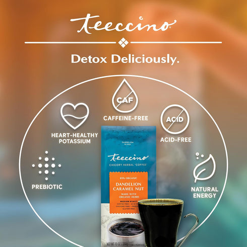 10 oz Teeccino Dandelion Caramel Nut Herbal Coffee - Caffeine-Free Coffee Alternative with Prebiotics, Gluten Free