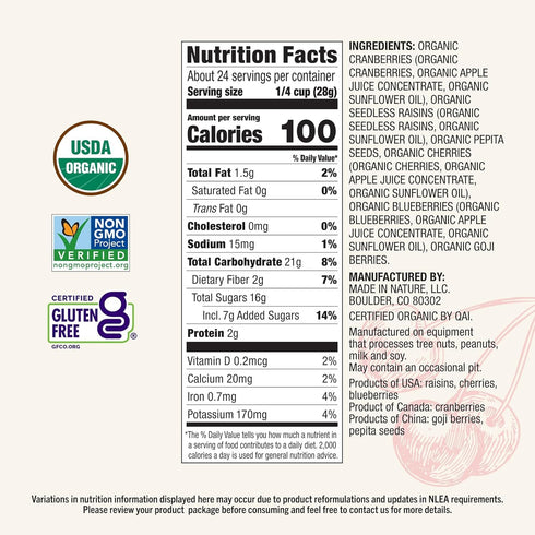 24 (Pack 1) Made in Nature Organic Superberry Fruit Fusion, Ounce of Fruit and Nut Trail Mix, Non-GMO, Unsulfured